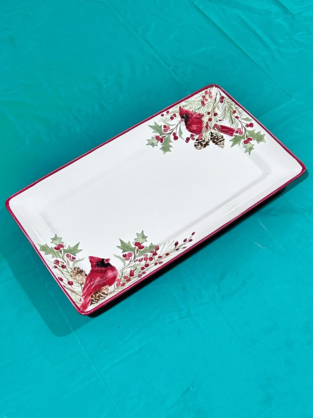 North Pole Trading Co Holly Berry Cardinal Ceramic Serving Platter Tray 14x8 NEW